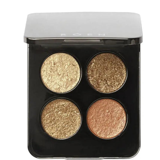 RÓEN 75° Warm Eyeshadow Palette featuring four foil-effect, warm eyeshadows in golden and burnished tones.