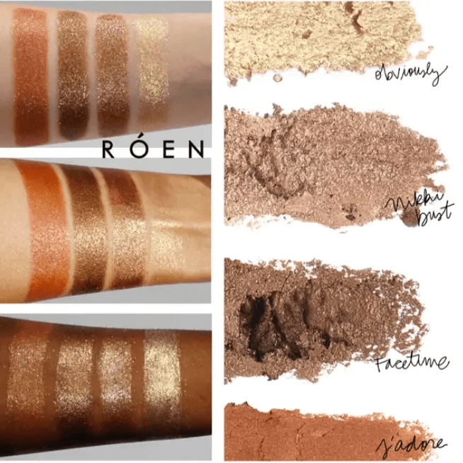 RÓEN 75° Warm Eyeshadow Palette swatches showcasing stunning foil-effect shades and creamy textures.