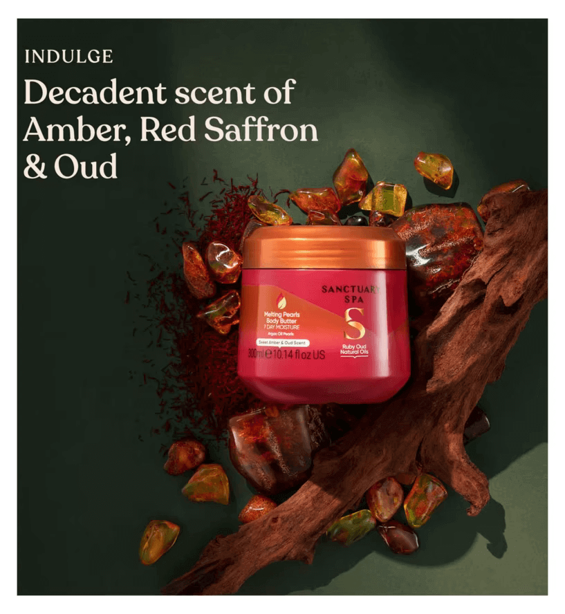 Sanctuary Spa Melting Pearl Body Butter with Amber and Oud scent, featuring natural oils in a luxurious 300ml jar.