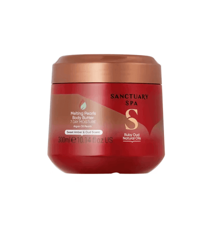 Sanctuary Spa Ruby Oud Natural Oils Melting Pearl Body Butter 300ml, deeply hydrating body moisturizer with encapsulated pearls.