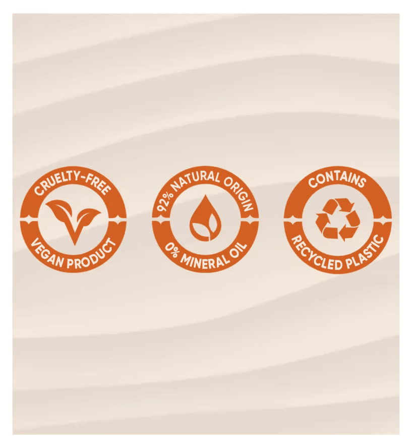 Icons indicating Sanctuary Spa's Ruby Oud Body Butter is cruelty-free, vegan, 92% natural, and contains recycled plastic.
