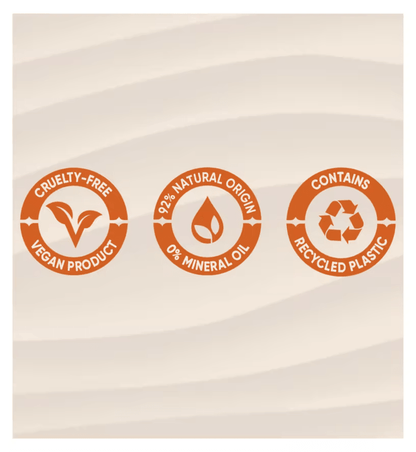 Icons indicating Sanctuary Spa's Ruby Oud Body Butter is cruelty-free, vegan, 92% natural, and contains recycled plastic.