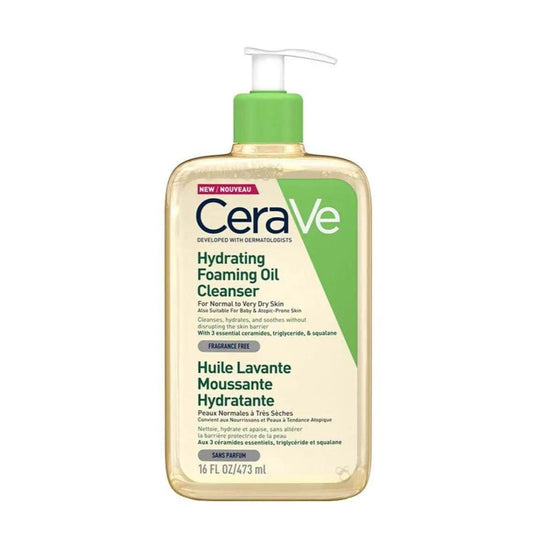 CeraVe Hydrating Foaming Oil Cleanser 473ml for dry skin, gently cleanses and hydrates, suitable for sensitive skin.