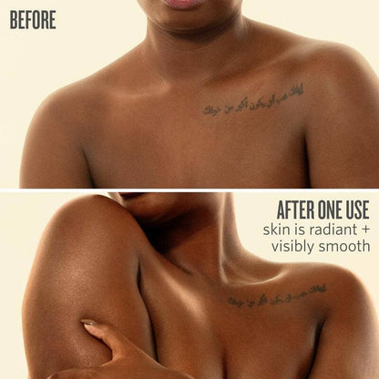 Before and after comparison of skin using Sol de Janeiro Bum Bum Cream, showing radiant and smooth results.