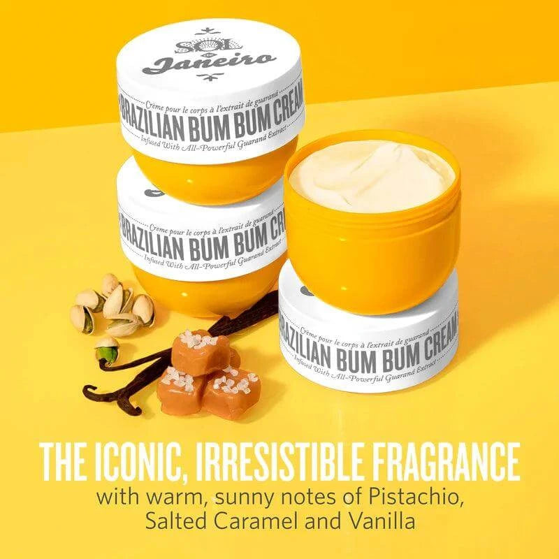 Sol de Janeiro Bum Bum Cream jars featuring irresistible Pistachio, Salted Caramel, and Vanilla scents.