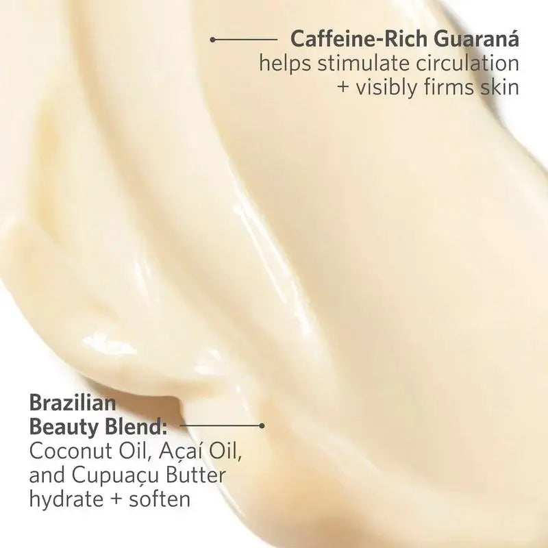 Close-up of Sol de Janeiro Bum Bum Cream showing creamy texture and ingredient highlights like guarana and Brazilian beauty blend.