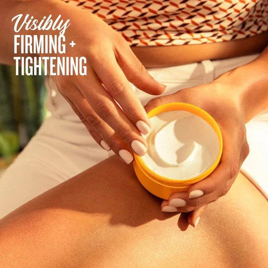 Model applying Sol de Janeiro Bum Bum Cream, showcasing visibly firming and tightening effects on skin.