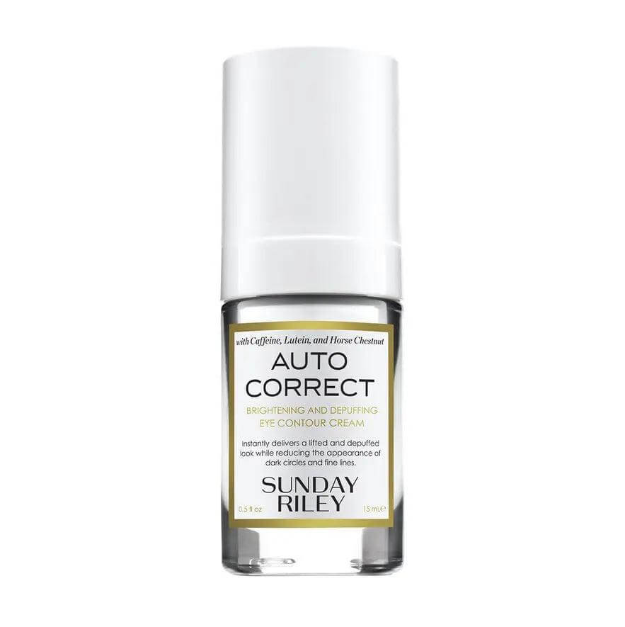 Sunday Riley Autocorrect Brightening and Depuffing Eye Contour Cream in a sleek bottle for tired eyes treatment