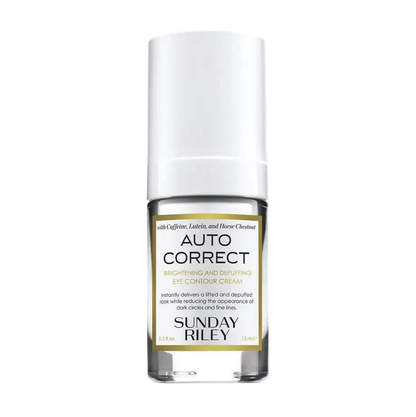 Sunday Riley Autocorrect Brightening and Depuffing Eye Contour Cream in a sleek bottle for tired eyes treatment