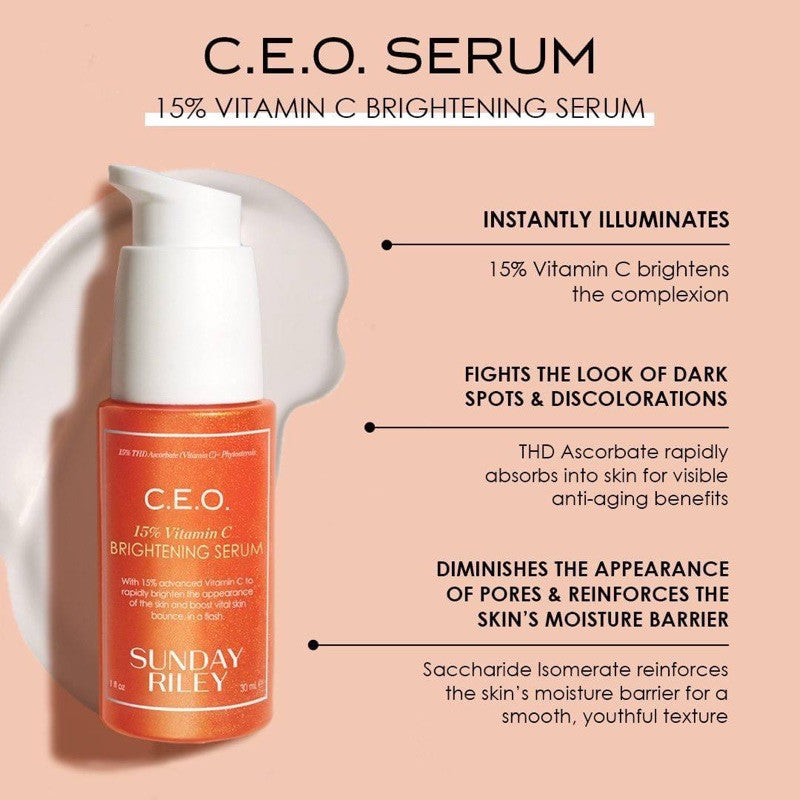 Sunday Riley C.E.O. 15% Vitamin C Brightening Serum 30ml with skin benefits for a radiant complexion and improved texture.