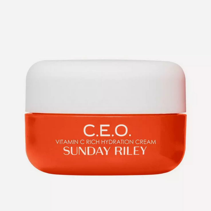 Sunday Riley C.E.O. Vitamin C Rich Hydration Cream in a sleek orange jar, 15ml, for intense hydration and anti-aging.