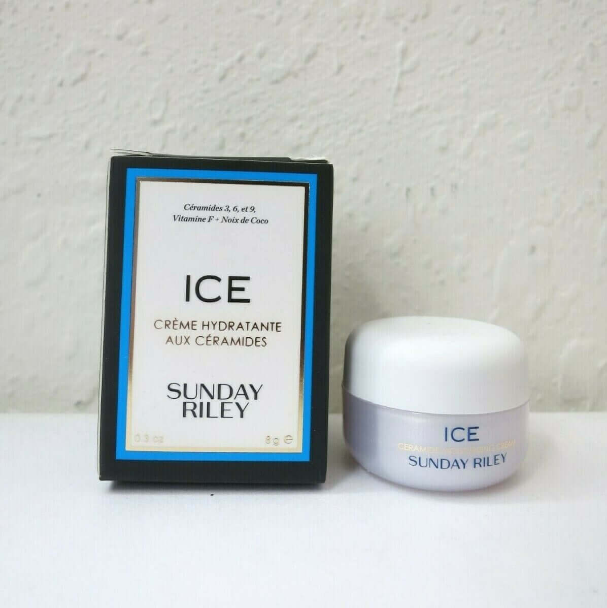 Sunday Riley ICE Ceramide Moisturizing Cream 8g jar and box, promoting hydration and anti-aging benefits.