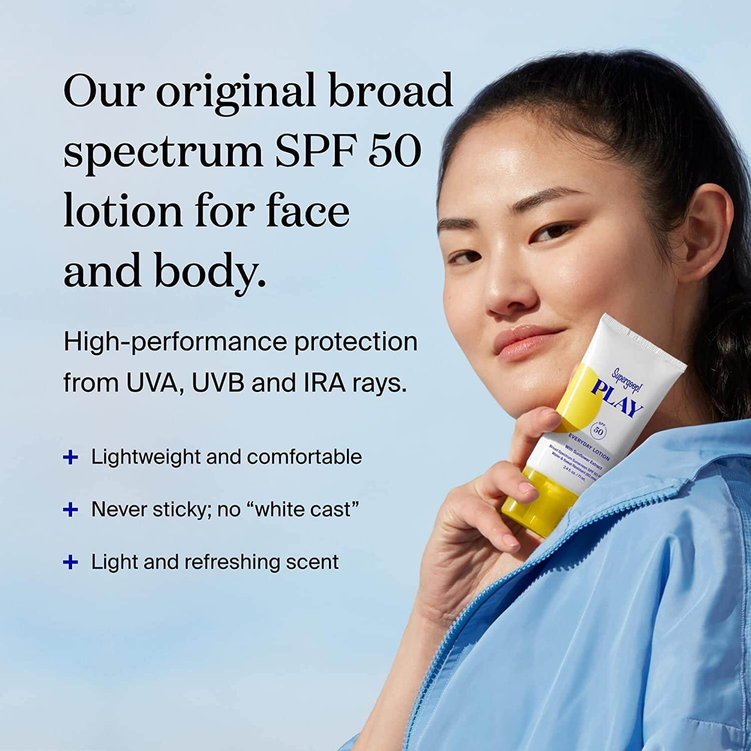Supergoop! Play Everyday Lotion SPF 50 model featuring lightweight, broad-spectrum sun protection for face and body.