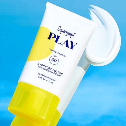 Supergoop! Play Everyday Lotion SPF 50 with Sunflower Extract, lightweight, water-resistant sunscreen.