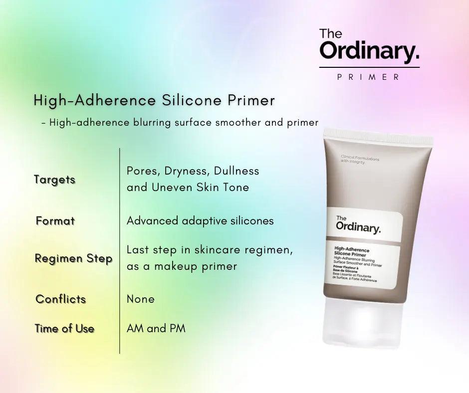 The Ordinary High-Adherence Silicone Primer 30ml for blurring pores, dryness, and uneven skin tone, suitable for AM and PM use.
