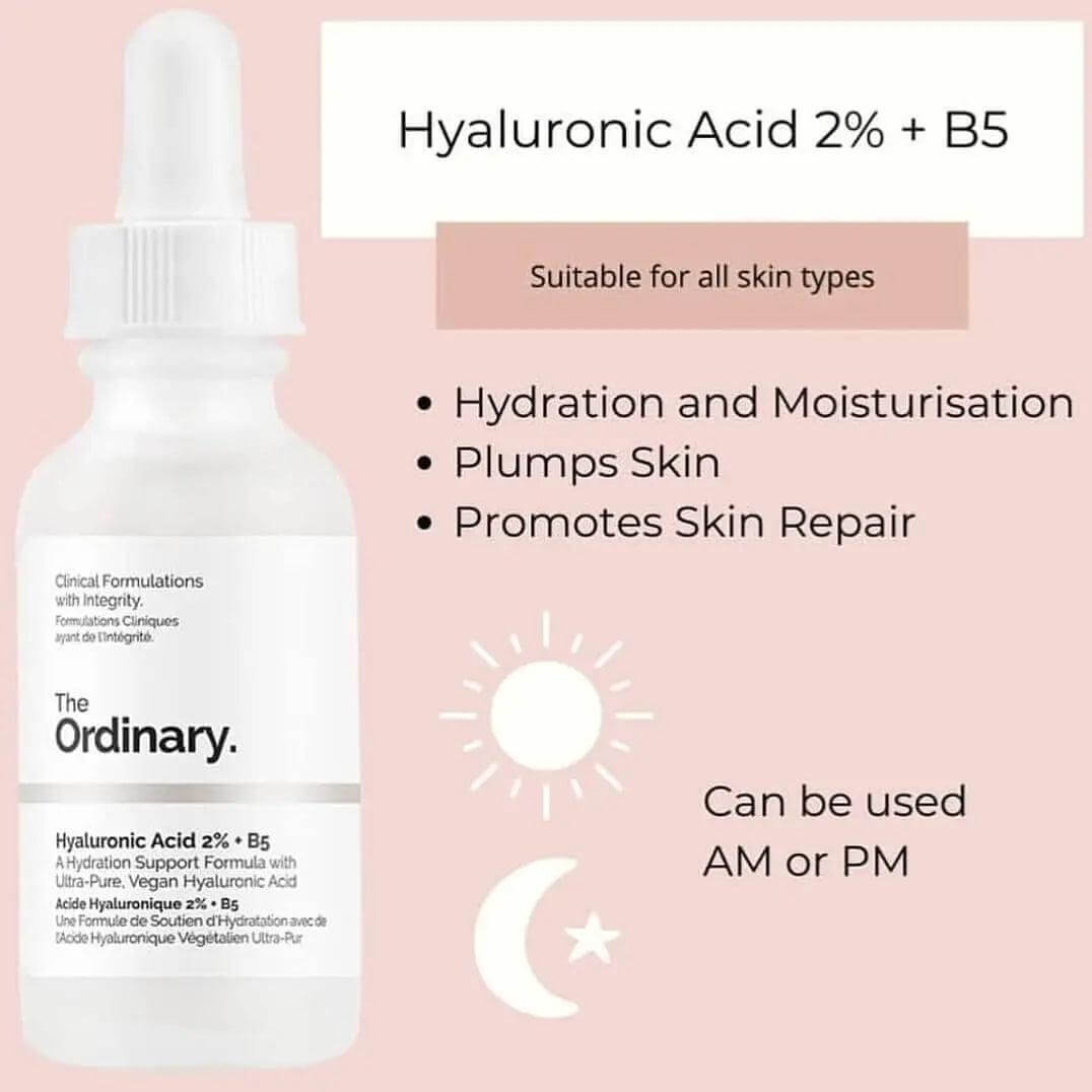 The Ordinary Hyaluronic Acid 2% + B5 bottle, promotes hydration and plumps skin, suitable for all skin types.