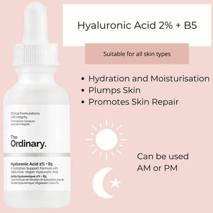 The Ordinary Hyaluronic Acid 2% + B5 bottle, promotes hydration and plumps skin, suitable for all skin types.