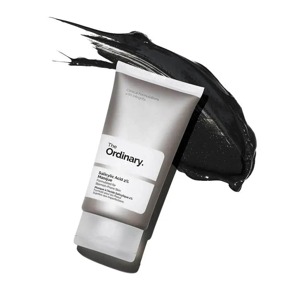 The Ordinary Salicylic Acid 2% Masque tube with black charcoal swirl for clearer skin and blemish control.