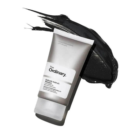 The Ordinary Salicylic Acid 2% Masque tube with black charcoal swirl for clearer skin and blemish control.