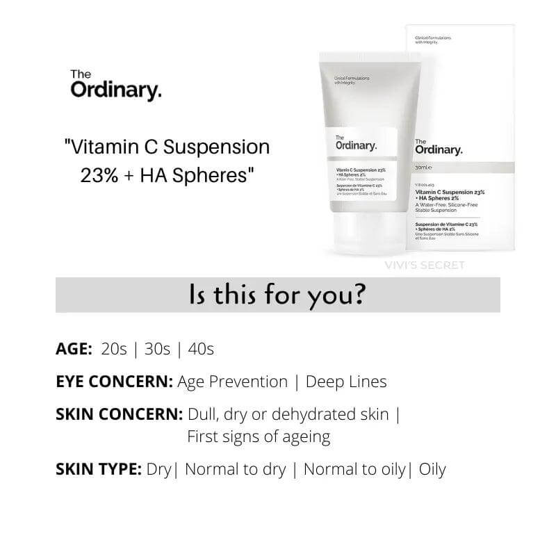The Ordinary Vitamin C Suspension 23% + HA Spheres 30ml details including age, eye, skin concerns, and types.