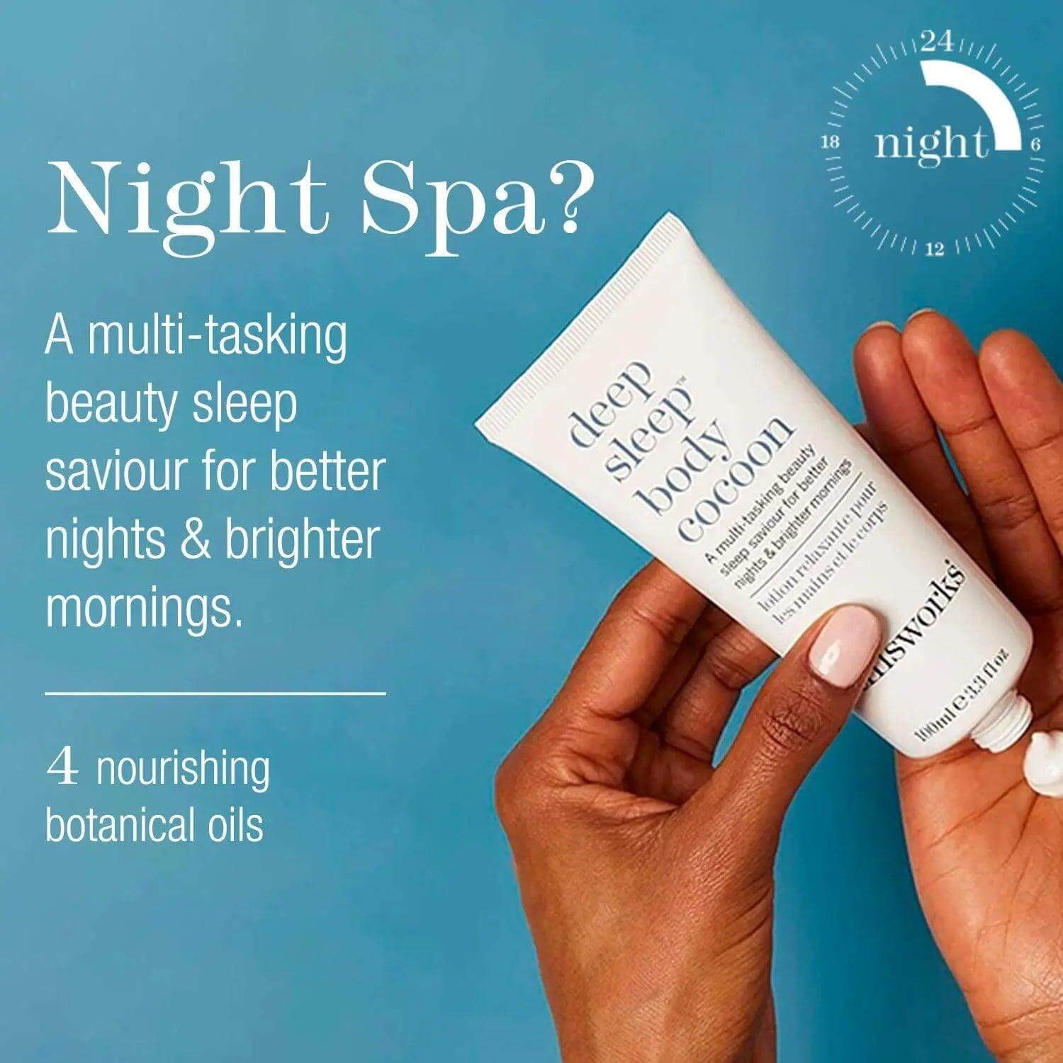 thisworks Deep Sleep Body Cocoon Moisturiser tube in hands, promoting better sleep with nourishing botanical oils.