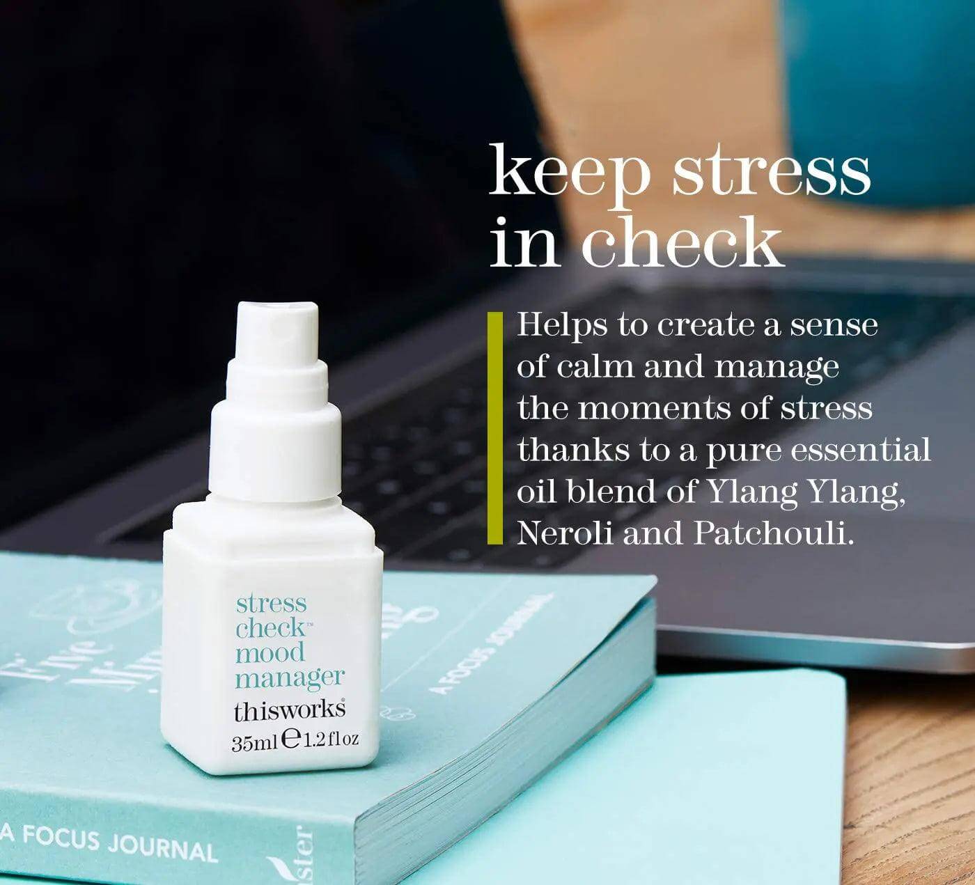 thisworks Stress Check Mood Manager 35ml, essential oil blend for calm and stress relief, Ylang Ylang, Neroli, Patchouli.