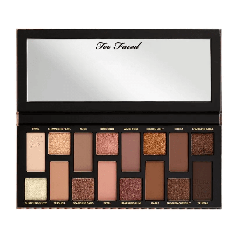 Too Faced Born This Way Natural Nudes Eyeshadow Palette with 16 pigmented shades including mattes and shimmers.