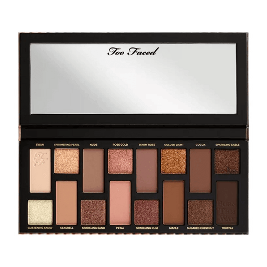 Too Faced Born This Way Natural Nudes Eyeshadow Palette with 16 pigmented shades including mattes and shimmers.