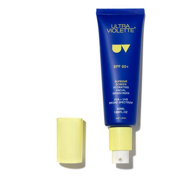 Ultra Violette SPF 50+ Supreme Screen Hydrating Facial Sunscreen 50ml tube with yellow cap and blue packaging.