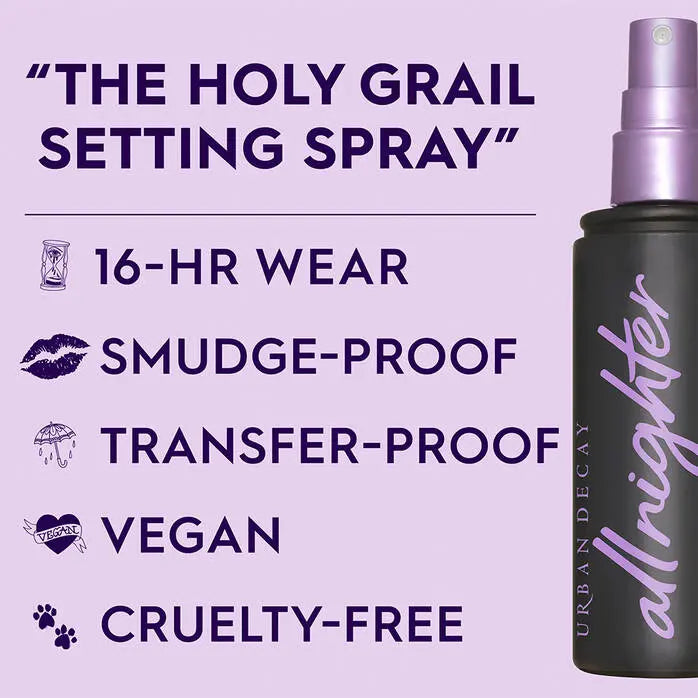 Urban Decay All Nighter Setting Spray features; 16-hour wear, smudge-proof, transfer-proof, vegan, cruelty-free.