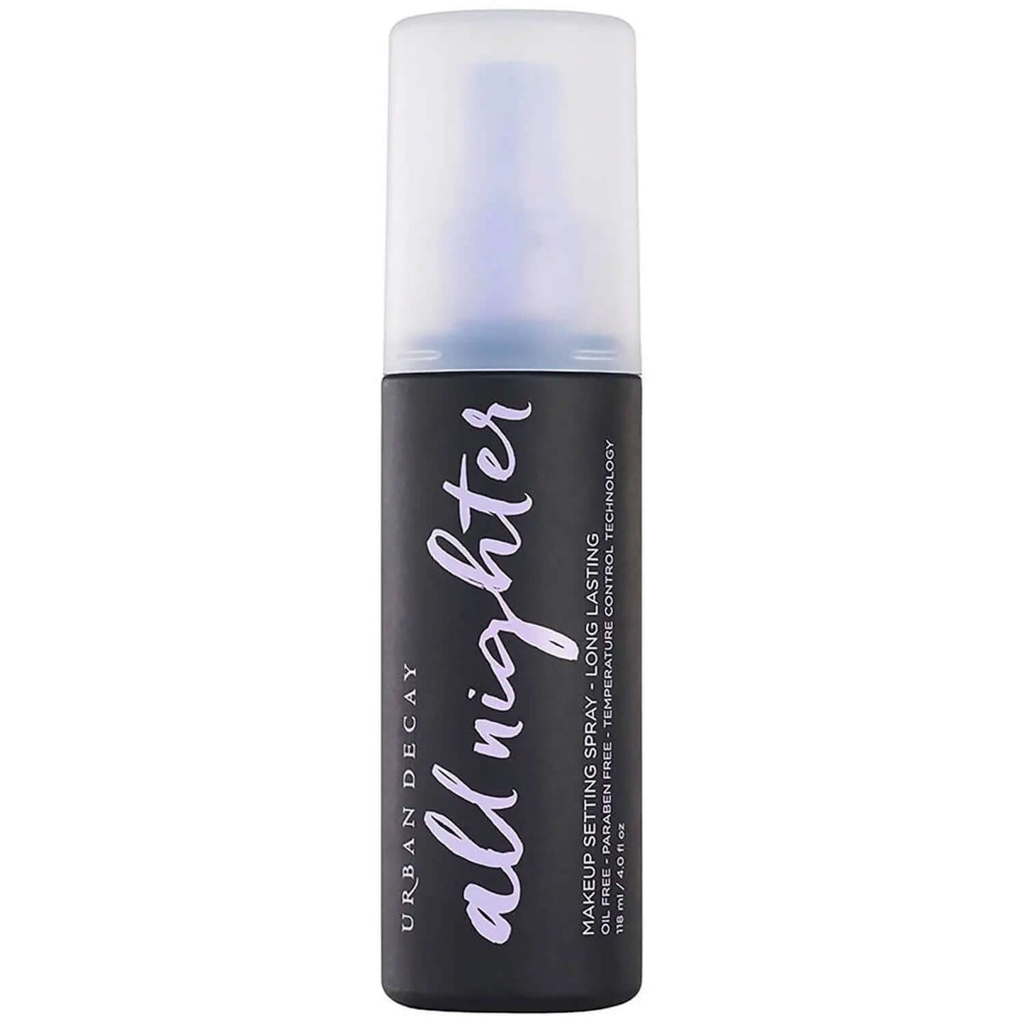 Urban Decay All Nighter Setting Spray bottle for long-lasting makeup with patented Temperature Control Technology.