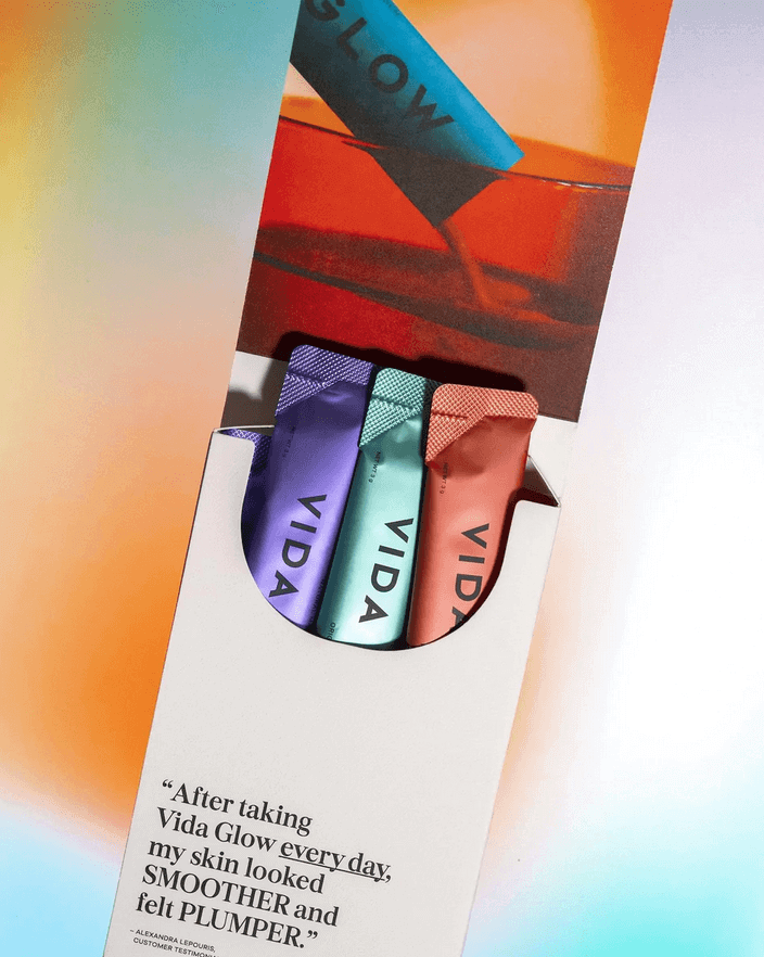 Vida Glow Natural Marine Collagen original powder sachets with vibrant packaging and positive skincare testimonials.