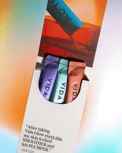 Vida Glow Natural Marine Collagen original powder sachets with vibrant packaging and positive skincare testimonials.