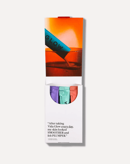 Vida Glow Natural Marine Collagen powder packets in vibrant packaging promoting smoother, plumper skin and healthy hair.