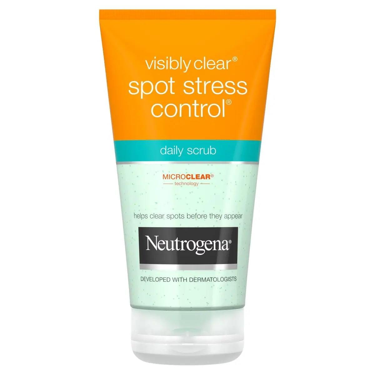 NEUTROGENA Visibly Clear Spot Stress Control Scrub 150ml for clear skin and unclogged pores, enriched with green tea and cucumber.