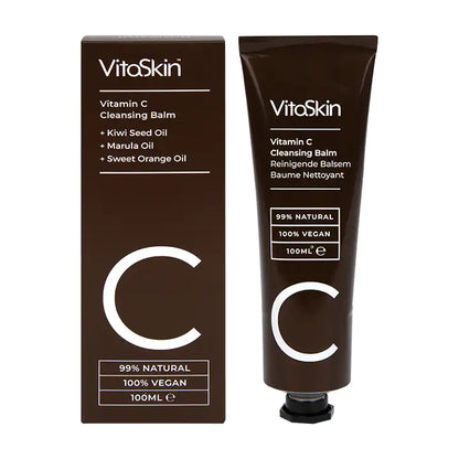 VitaSkin Vitamin C Cleansing Balm 100ml packaging with kiwi seed, marula, and sweet orange oils for radiant skin.