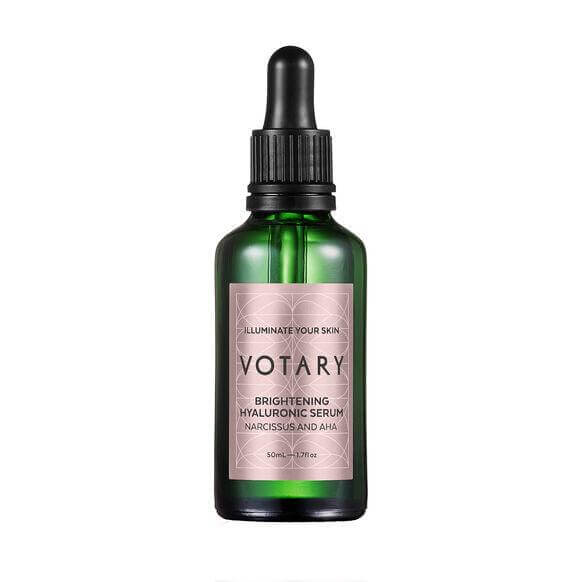 Votary Brightening Hyaluronic Serum 50ml bottle for radiant skin and deep hydration.