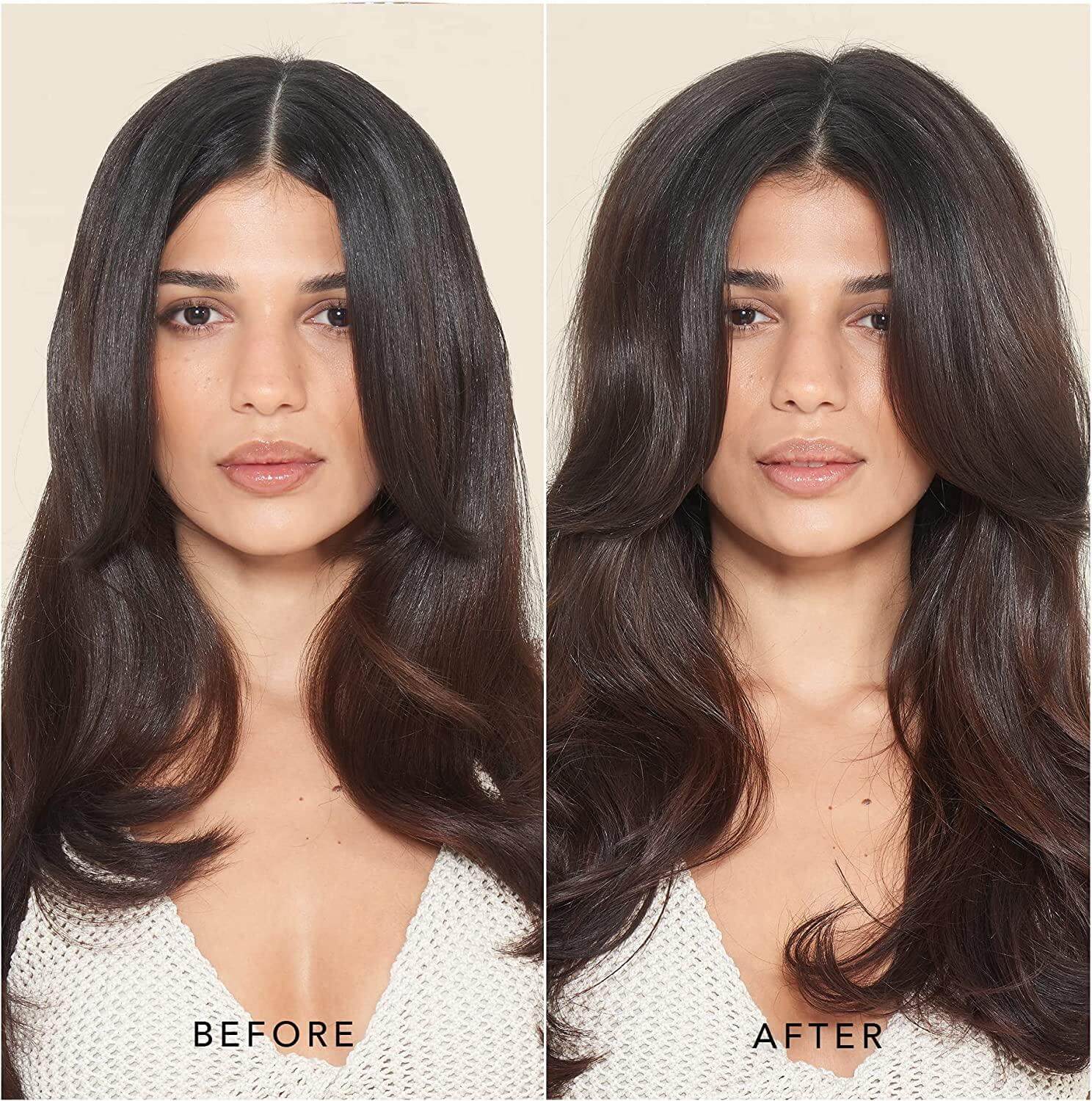 Before and after transformation showing voluminous hair using We Are Paradoxx Volume Supersize Blow Dry Spray.