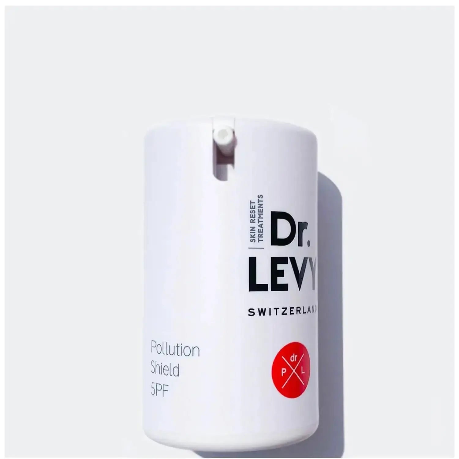 Dr. LEVY Switzerland Pollution Shield 5PF - bottle design promoting skin protection against environmental hazards.