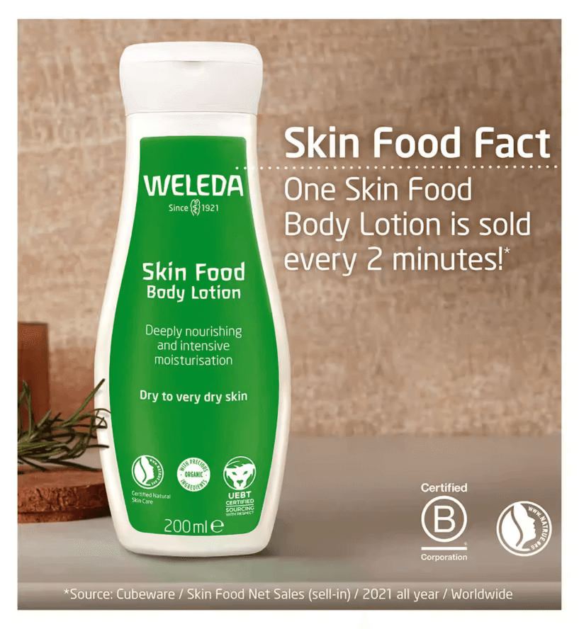 Weleda Skin Food Body Lotion 200ml bottle, deeply nourishing for dry to very dry skin, sold every 2 minutes.