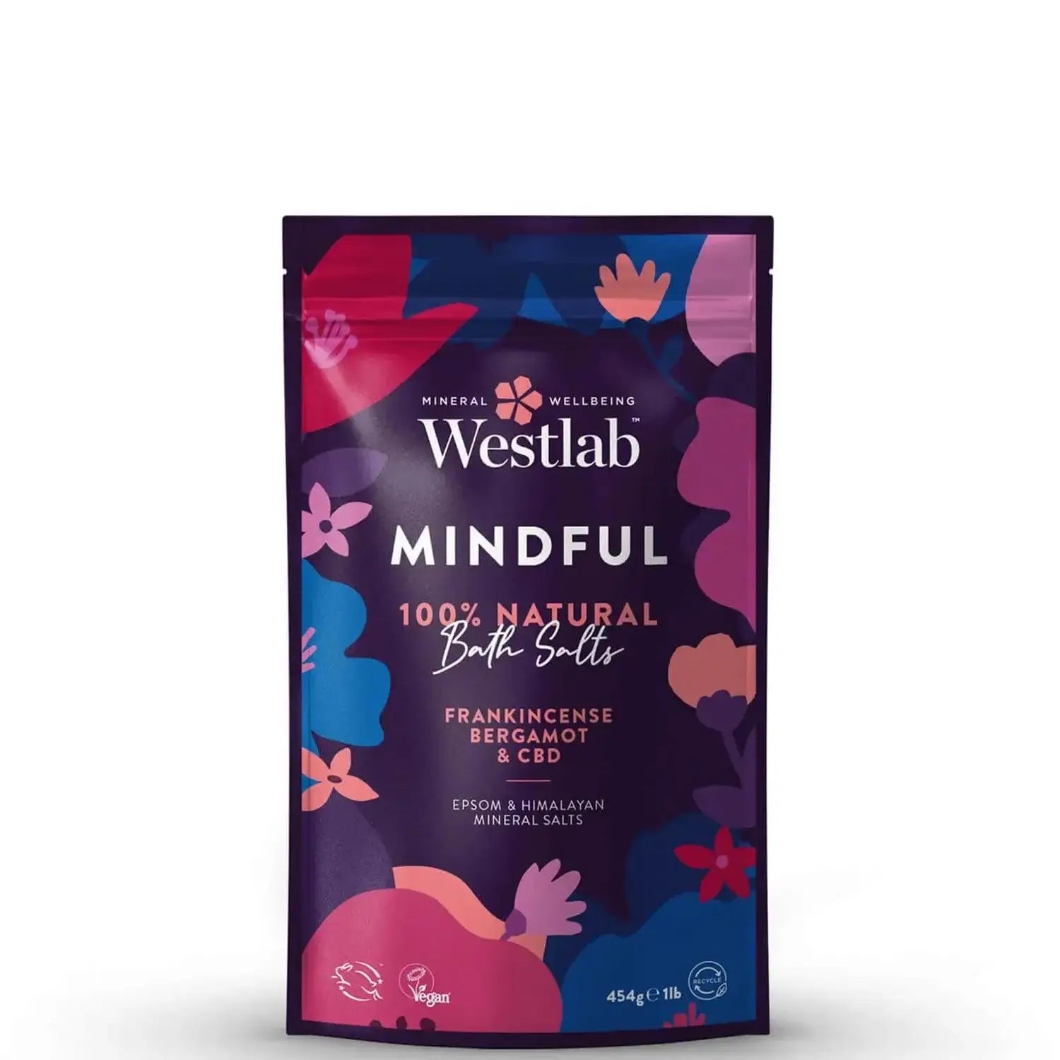 Westlab Mindful Bathing Salts 454g packaging featuring frankincense and bergamot for a relaxing bath experience.