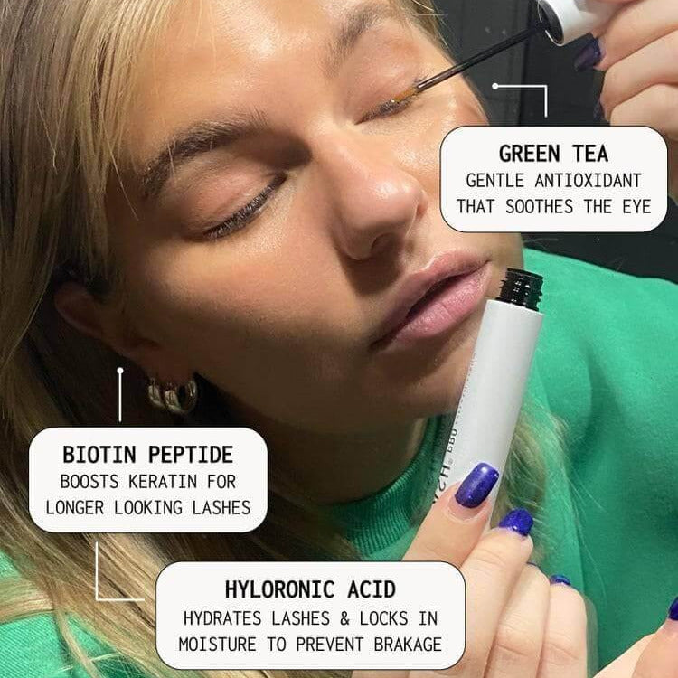 Woman applying XLash Eye Lash Serum Pro 6ml featuring biotin peptide, green tea, and hyaluronic acid for fuller lashes.