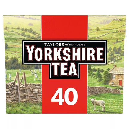 Yorkshire Tea Bags box featuring scenic countryside, offering quality tea for a proper brew.