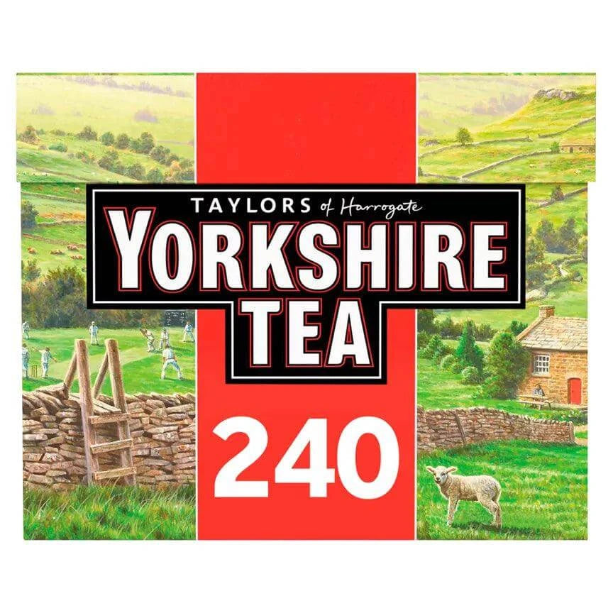 Yorkshire Tea Bags packaging featuring scenic countryside and sheep, perfect for a quality brew.