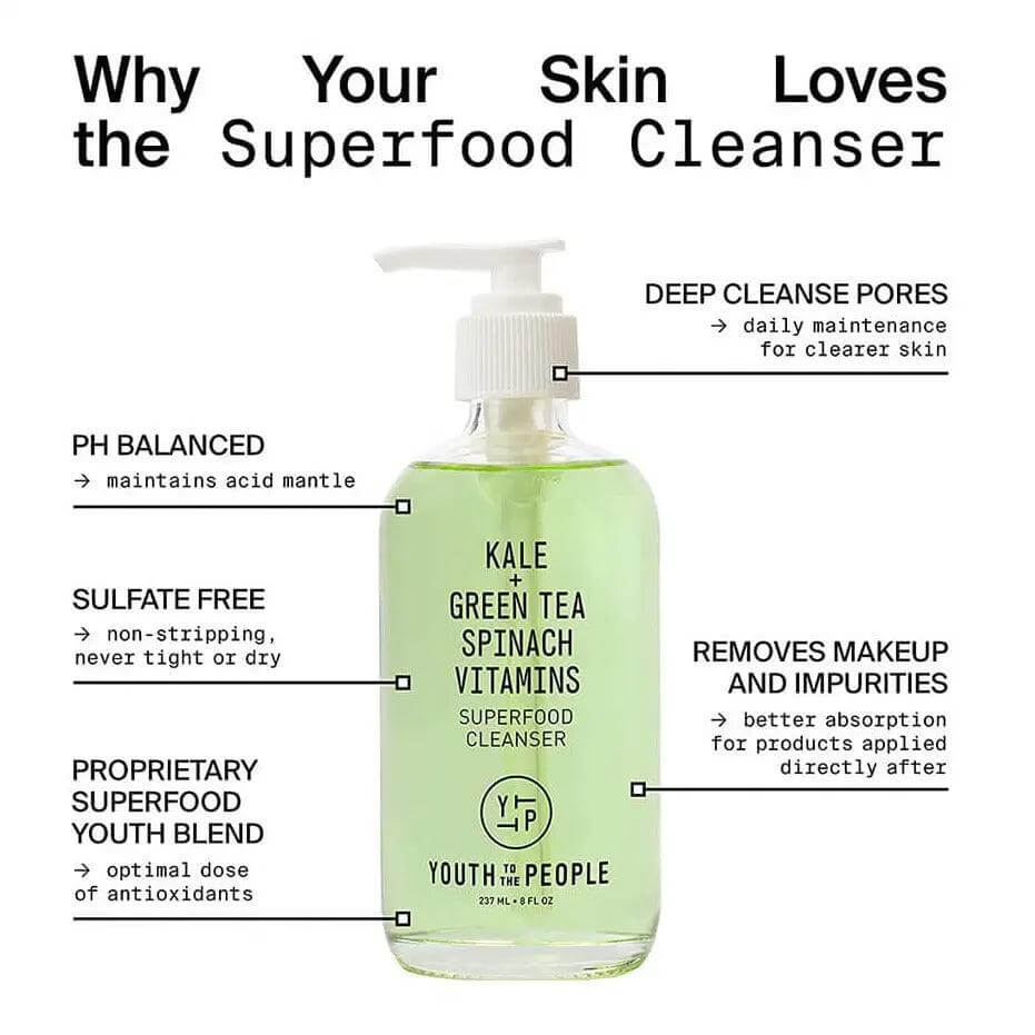 Youth To The People Superfood Cleanser 237ml, a gentle yet powerful formula with kale, green tea, and vitamins for fresh skin.