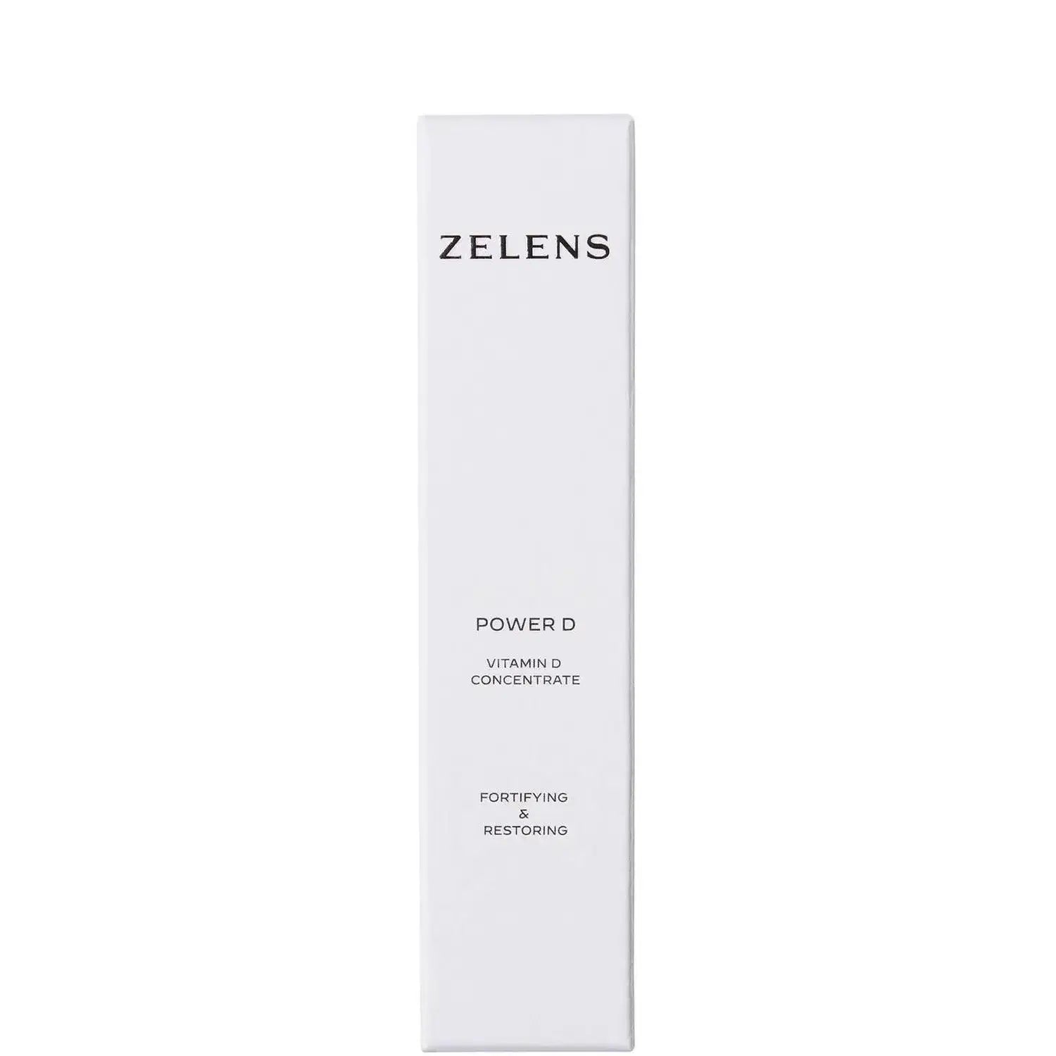 Zelens Power D Fortifying and Restoring vitamin D concentrate packaging in white, ideal for normal and dry skin types.