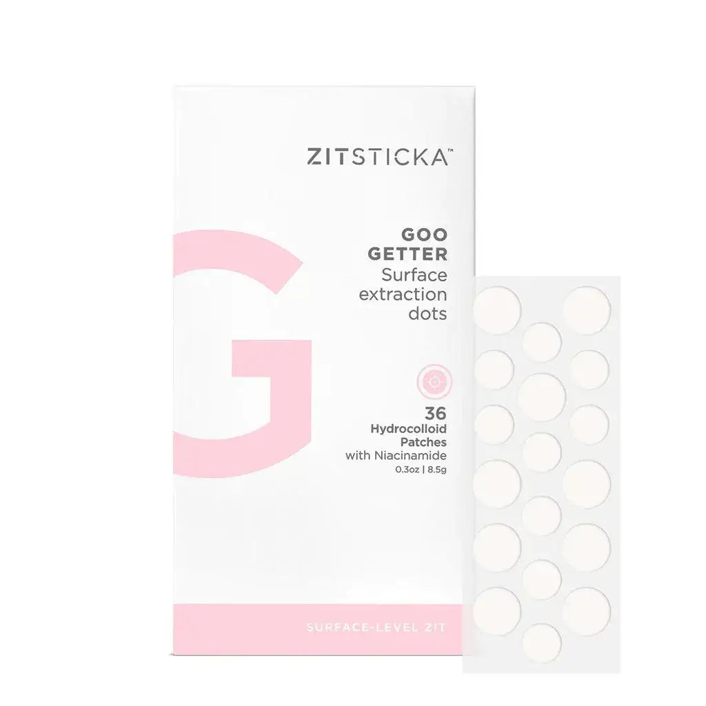 ZITSTICKA Goo Getter Spot Clarifying Dots packaging with 36 hydrocolloid patches for acne treatment.