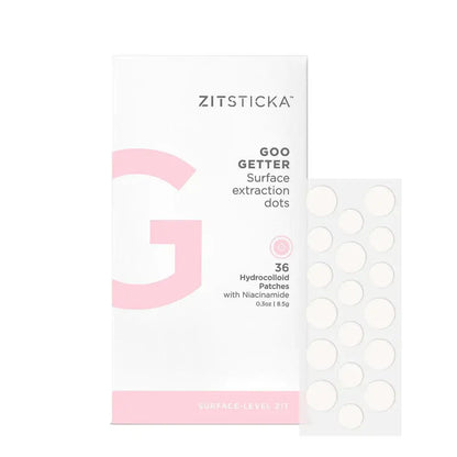 ZITSTICKA Goo Getter Spot Clarifying Dots packaging with 36 hydrocolloid patches for acne treatment.