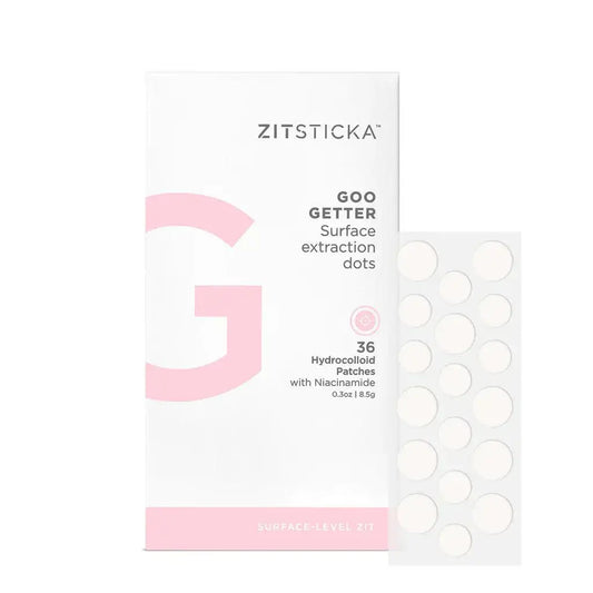 ZITSTICKA Goo Getter Spot Clarifying Dots packaging with 36 hydrocolloid patches for acne treatment.